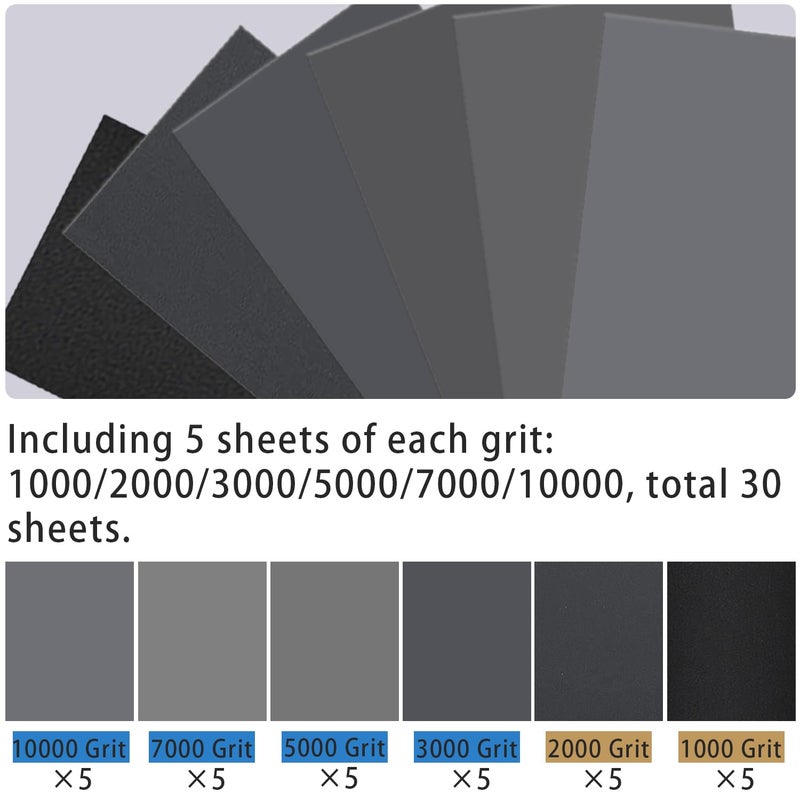 LCubro 30PCS Sandpaper, Wet Dry Sandpaper, High Grit 1000 2000 3000 5000 7000 10000 Sandpaper Sheets Assortment for Wood Metal Polishing Automotive Sanding, 9 x 3.6 inches - Image 2